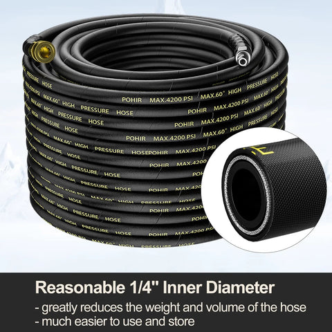 POHIR 100 ft power washer hose, 1/4 in ID, wire-braided, with 3/8 quick-connects and 2 kits; 4200 PSI