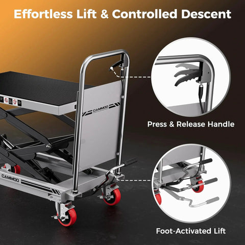 Hydraulic Lift Table Cart 330 Lbs Capacity 49.6 Inch Lift With Non Slip Pad showing press handle and foot-activated lift controls
