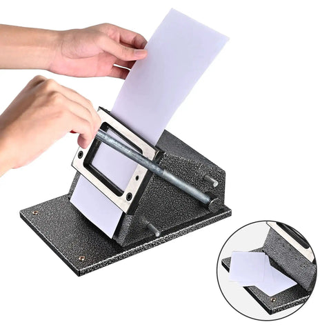 Hands using manual corner cutter for credit cards and IDs with round corners, PVC card cutter for passport photos and business cards.
