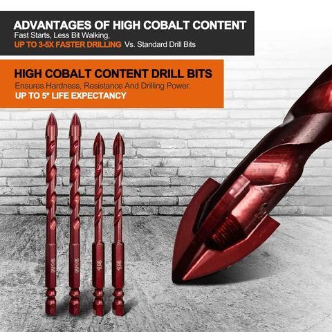 Close-up view of Masonry Drill Bits Set 10 Piece Pro Grade High Cobalt Concrete Drill Bits For Tile Glass Metal Brick Concrete Ceramic Plastic Wood 3 16th Inch To 1 Half Inch Built Tough With Precision Ground Spear Tip By FEWELL.