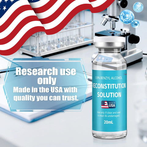 Reconstitution solution bottle, 20 mL, premium glass vial with blue label, Made in USA, lab setting.