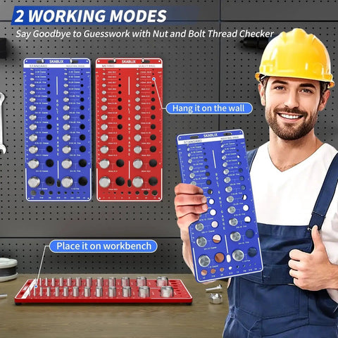 68 Nut and Bolt Thread Checker Kit With 26 Standard and 26 Metric Bolt Gauges, wall-mounted size finder displayed by technician