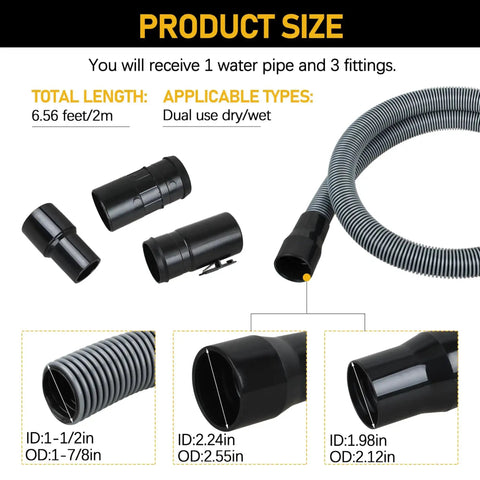 Universal 1 7/8 Inch Vacuum Hose, 7 Foot Replacement for Wet Dry Shop Vacuums with fittings shown.