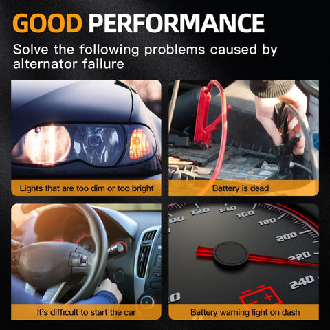 Image showing issues caused by alternator failure: dim or bright headlights, dead battery, starting difficulty, dashboard warning light.
