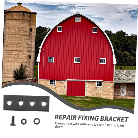 Heavy Duty Sliding Barn Door Hardware Track Connectors Repair Bracket Kit shown in front of a red barn and silo