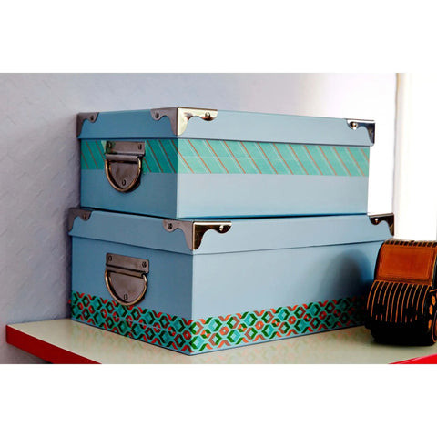 Decorative Washi Tape for Planners and Crafts, Blurred Lines Pattern on blue storage boxes with metal corners