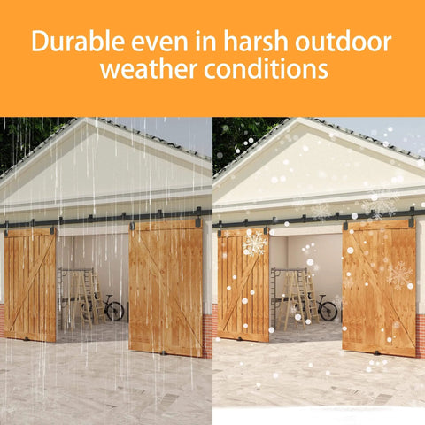 Beefy Heavy Duty 14Ft Exterior Barn Door Hardware Kit For Two Sliding Doors, Wall Mount Track System demonstrating weather resistance