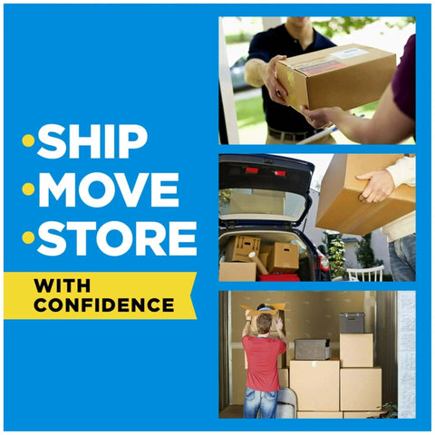 Collage of people packing boxes into car and home, with text 'Ship, Move, Store with Confidence.'