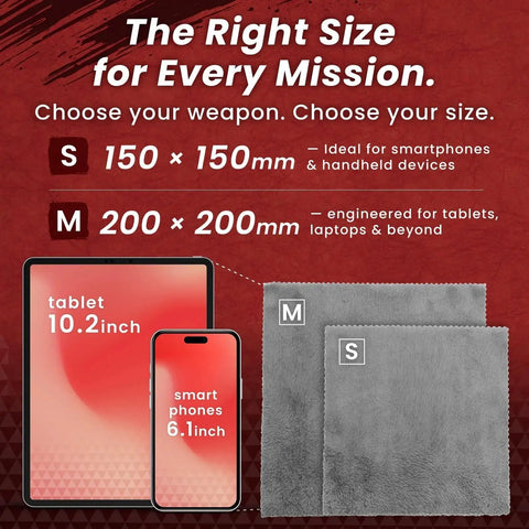 Japanese Microfiber Samurai Cloth For Phones Laptops Screens And Lenses 2 Pack in two sizes next to tablet and smartphone