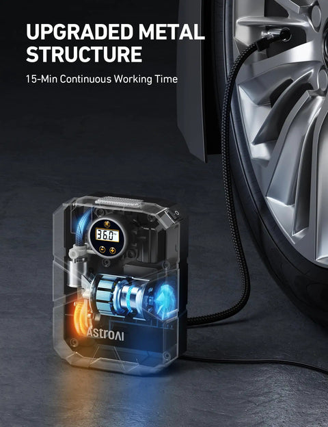 Portable Tire Inflator With Digital Display And Auto Shutoff 12V DC Car Air Pump 150 PSI close-up view showing metal structure and gauge.