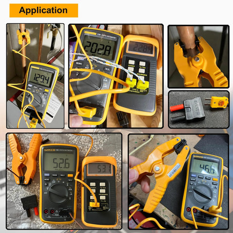 ZIBOO 69146 banana plug adapter for K-type thermocouple; yellow tools and digital meters pictured