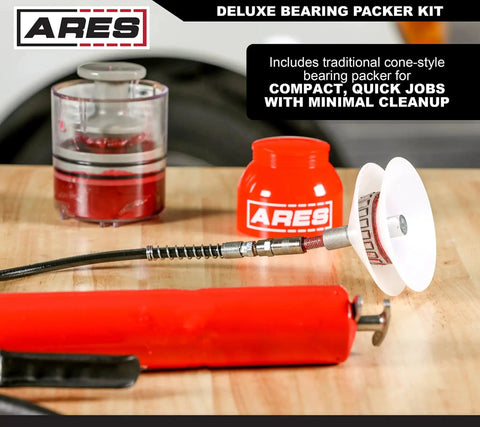 Two Piece Deluxe And Standard Bearing Packer Kit with cone-style packer, grease gun, and hand packer on wooden surface for quick flushing of old grease.