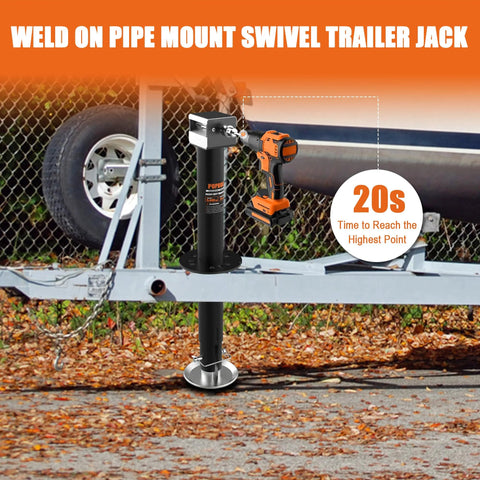 Heavy-duty A-frame trailer jack with 30-inch lift, weld-on pipe mount, cordless drill compatibility
