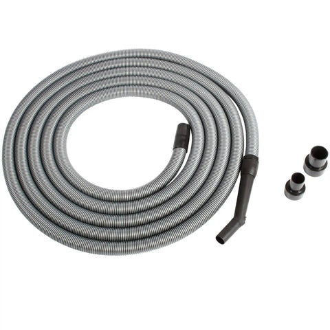 Coiled 30 Ft Go-To Premium Shop Vacuum Extension Hose With 2 Tank Adapters And 1.25 Inch Curved End, Silver, on white background.