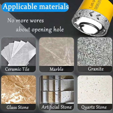 Image showing applicable materials for Diamond Hole Saw Set Ten Pieces One Quarter Inch To Two Inch Diamond Core Drill Bits For Porcelain Tile Ceramic Granite Marble Stone And More With Quick Eject Spring Design And Self Cooling Sponge For Clean Fast Drilling Pro Grade, including ceramic tile, marble, granite, glass stone, artificial stone, and quartz stone.