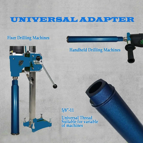 Blue universal adapter for drilling machines with 5/8"-11 thread, compatible with fixer and handheld drills against gray background.