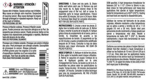 Label of High Temperature Red Thread Locker 50 Ml Bottle For Metal Bolts And Fasteners, 24 Hour Cure, Anaerobic Adhesive Sealant.