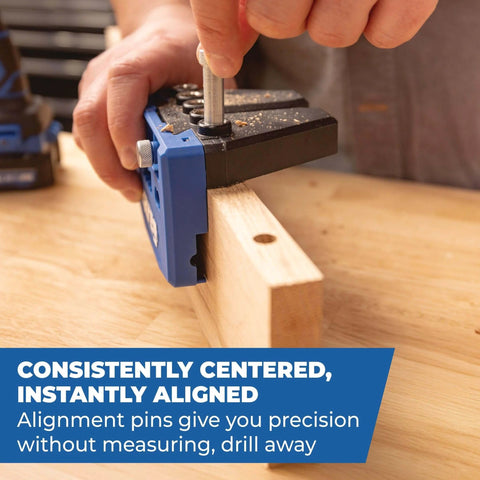 Using Doweling Jig Kit With Removable Drill Guides For Cabinets And Benchtop Projects on wooden surface for precise joint alignment