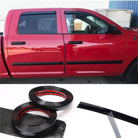 16 Foot Glossy Black Car Exterior Interior Molding Trim Self Adhesive Universal shown on red vehicle and in coil view