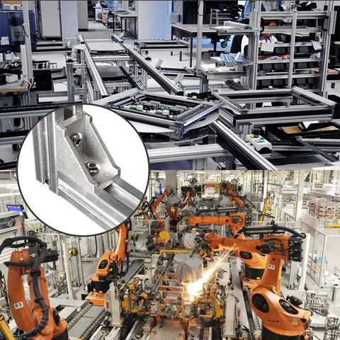 Six Pack 4040 Inside Corner Brackets Gusset For Aluminum Extrusion, L Shaped Connectors in industrial assembly setting.