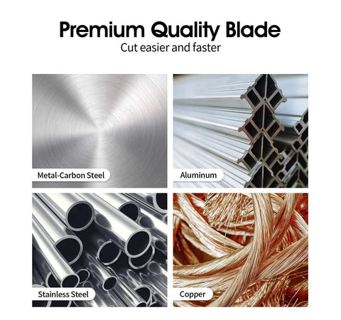 Collage of metal materials: metal-carbon steel, aluminum, stainless steel, copper for Pro Grade 9 Inch Cut Off Wheels Set For Metal And Stainless Steel, 10 Pack, 9 X.075 X 7/8 Inch, Fast Cutting Discs That Fit Any Angle Grinder, Heavy Duty Abrasive For Steel And Stainless Steel By MIDO.