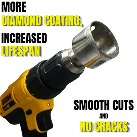 Diamond Hole Saw Drill Bit Set With Guide 10-Piece Core Bit Kit attached to drill showing increased lifespan and smooth cuts.