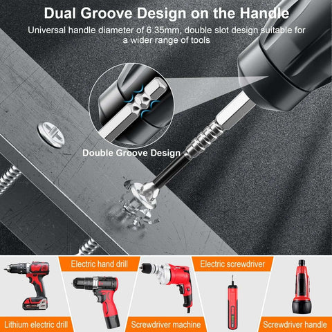 Close-up of tough magnetic screwdriver drill bit set with dual groove design in use on a metal surface
