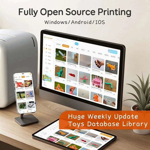 Kids AI Powered 3D Printer Fully Assembled With Auto Leveling And Up To 400 MM Per Sec Speed software shown on screen and devices