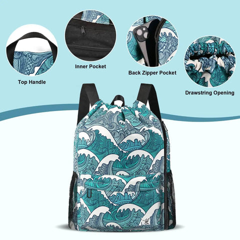 Drawstring Gym And Beach Backpack With Mesh Pockets, Water Resistant And Sandproof, Back Zipper Pocket, Blue Waves Design