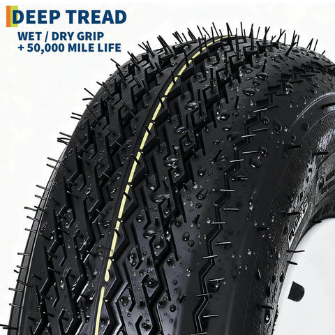 Close-up view of deep tread on a wet tire with text highlighting wet/dry grip and 50,000 mile life.