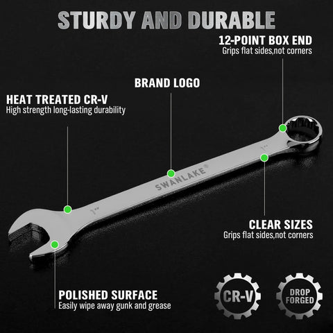 Detailed view of a long box-end wrench from Six Piece Large Wrench Set With Long Box End Wrenches Ranging From 15/16 Inch To 1 1/4 Inch Including Rolling Pouch 12 Point Combination Wrenches Heat Treated CR V Steel With Chrome Finish For Rust Resistance And Durable Garage Use, showing polished surface and CR-V logo.