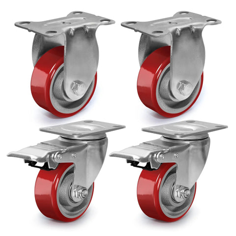 3 Inch Heavy Duty Swivel Casters With Brakes Polyurethane On Steel Wheels Set Of 4 1400 Lb Capacity visible