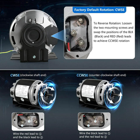 One Third HP 115V 60Hz Blower Motor 1725 RPM 48 Frame Belt Drive Reversible Shaft with rotation directions