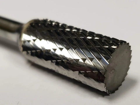 Close-up of 1/2 Inch SA-5 Solid Carbide Cylinder Bur Double Cut for precise deburring and shaping in metalworking projects.