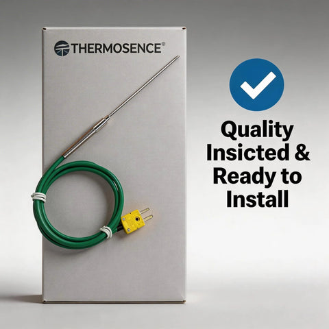 K-type thermocouple probe with 47-inch green silicone cable and yellow connector, shown beside a Thermosense box.