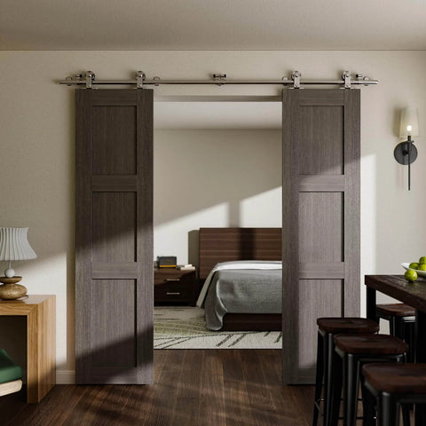 Heavy Duty Stainless Steel Double Sliding Track Barn Door Hardware Kit installed in a modern living space, 6.6 foot rail system