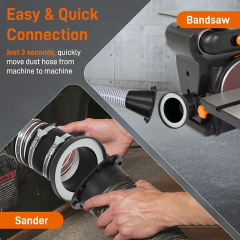 Magnetic Dust Collection Fittings One To Multi System For 4 Inch And Two Point Five Inch Woodworking Vacuums Quickly Move The Hose Between Five Machines For Fast Swaps Hassle Free Setup Cleaner Shop Less Clamp Fuss shown connecting to bandsaw and sander
