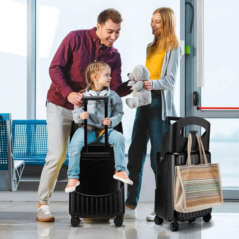 Family with Kids Ride On Luggage With Built In Seat 20 Inch Aluminum Frame Travel Case With Spinner Wheels And Locks in airport