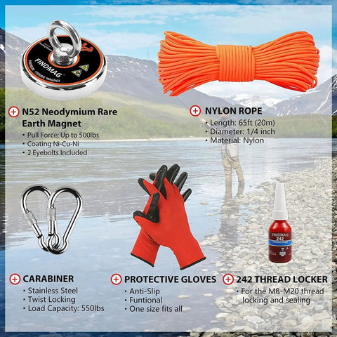 Neodymium Fishing Magnets Kit With 500 Lb Pull For River Magnet Fishing, includes magnet, rope, gloves, carabiners, and threadlocker
