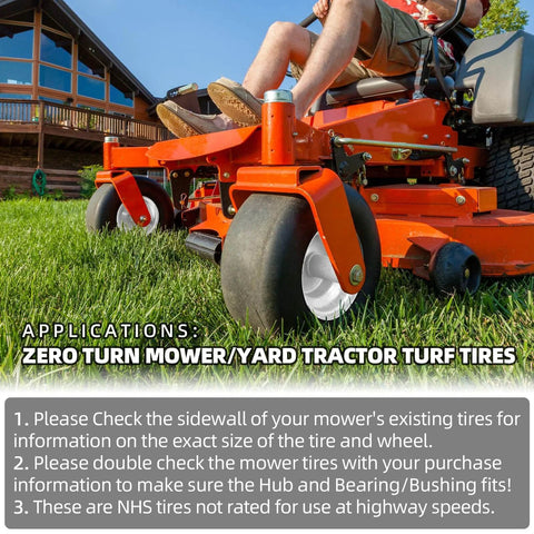 2-Pack 13x6.50-6 Flat Free Tire and Wheel for Riding Lawn Mowers installed on a zero turn mower, side view