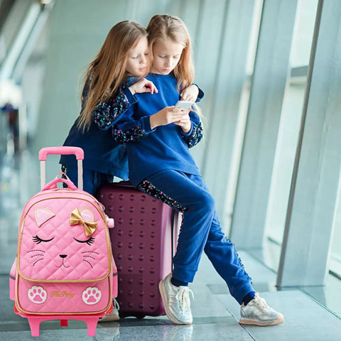 Girls Rolling Backpack Trolley School Bag With Cat Face Bowknot Pink Reflective Strip Cute Luggage For Kids at airport