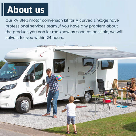 Sobalai RV Step motor conversion kit for curved linkage; white motorhome with a family at a seaside campsite