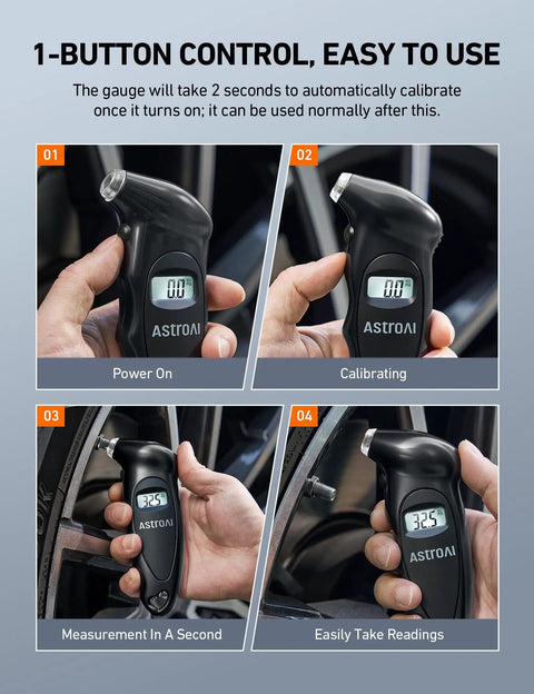 Digital Tire Pressure Gauge 0-150 PSI With Backlit LCD Accurate 0.1 PSI Increments Presta Valve Adaptor 4 Units Of Measurement AAA Battery Powered Car Truck Bicycle Black displayed in use, showing power on and measurement process.