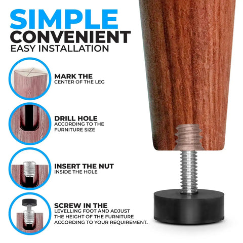 Installation steps for 12 Pack All Rubber Quarter Inch 20 UNC Leveling Feet With Inserts For Table Chair And Stool Legs