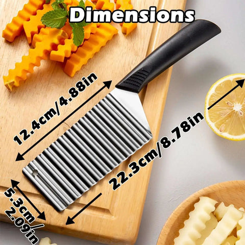 Crinkle Cut Knife For Veggies And Fries With Ergonomic Handle Stainless Steel Veggie Cutter on cutting board with crinkle slices