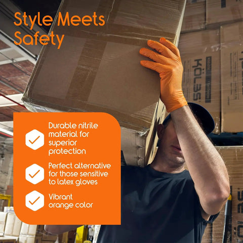 Person wearing Orange Nitrile Gloves Ultra 8 Mil Diamond Textured Grip Small lifting boxes in a warehouse.
