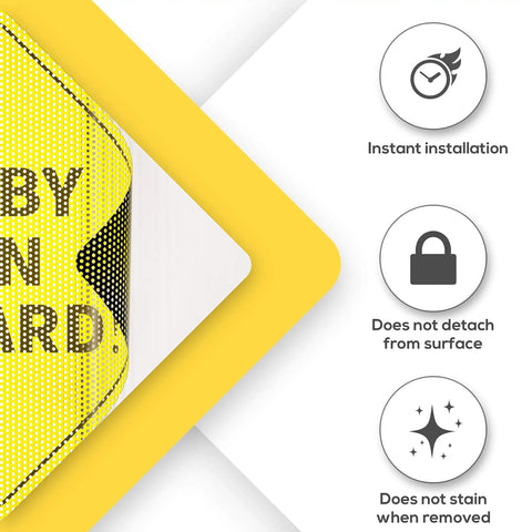 Close-up of Baby On Board Car Sign 2 Pack 5x5 Inch Bright Yellow See Through When Reversing Durable Adhesive Non Magnetic Safety Sticker.
