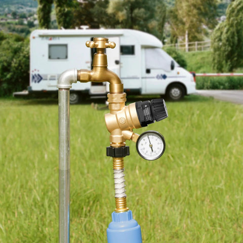 AOLINK RV water pressure regulator valve, brass lead-free adjustable reducer with gauge and inlet filter for RVs
