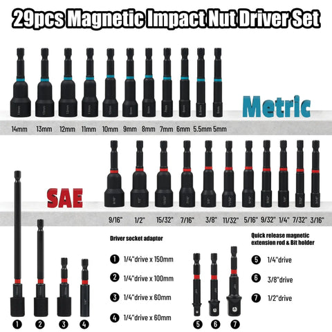 29-Piece Magnetic Nut Driver Set With 1/4 Inch Hex Shank SAE And Metric Cr-V Steel Construction, layout with sizes and adapters shown