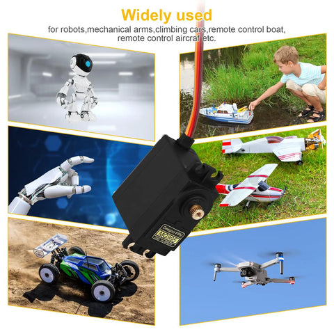 6-Pack High Speed Digital Metal Gear RC Servo, 55g Weight, shown with RC vehicles, robots, planes, and boats in use